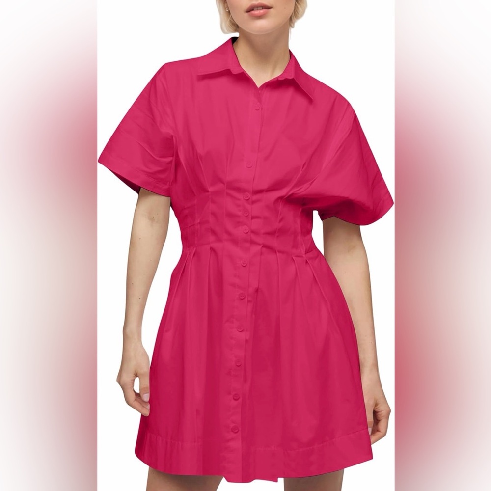 Amazon button down pleated shirt dress SZ S pink